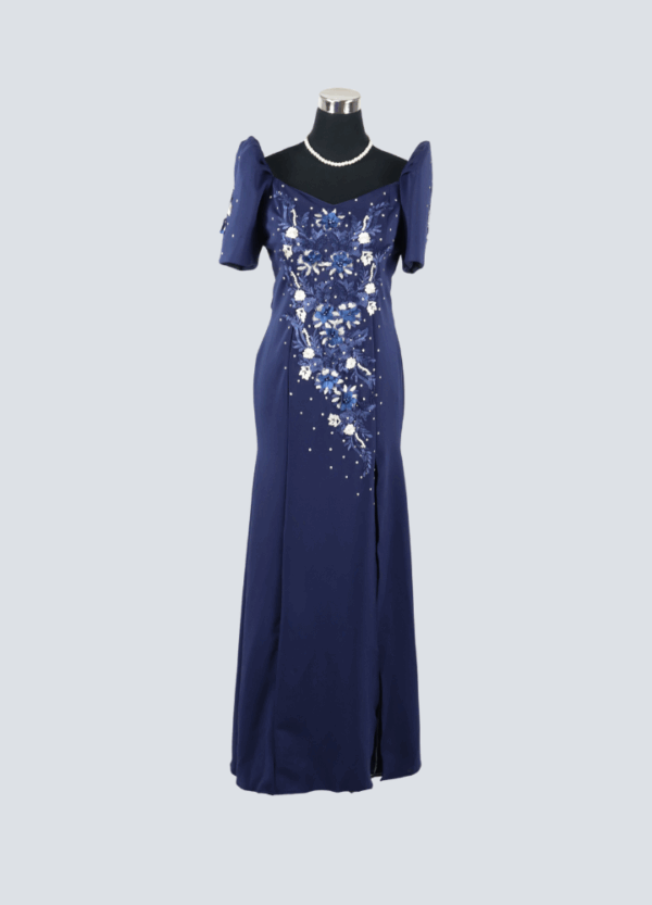 Filipiniana Mestiza Long Dress - Sampaguita - Navy Blue (Large)