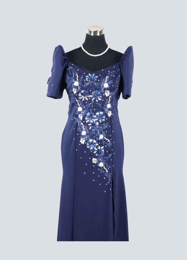 Filipiniana Mestiza Long Dress - Sampaguita - Navy Blue (Large) - Image 2