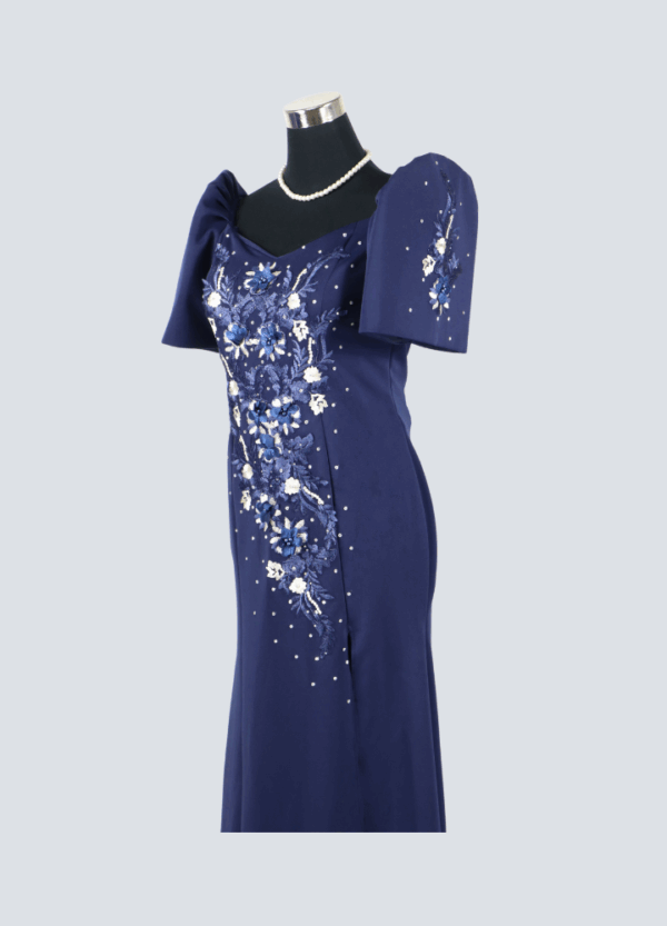 Filipiniana Mestiza Long Dress - Sampaguita - Navy Blue (Large) - Image 4