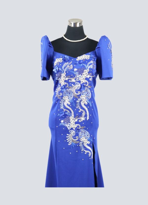 Filipiniana Mestiza Long Dress - Sampaguita - Royal Blue - Image 2