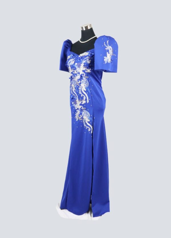 Filipiniana Mestiza Long Dress - Sampaguita - Royal Blue - Image 3