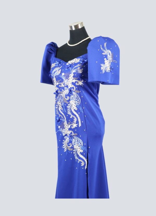 Filipiniana Mestiza Long Dress - Sampaguita - Royal Blue - Image 4