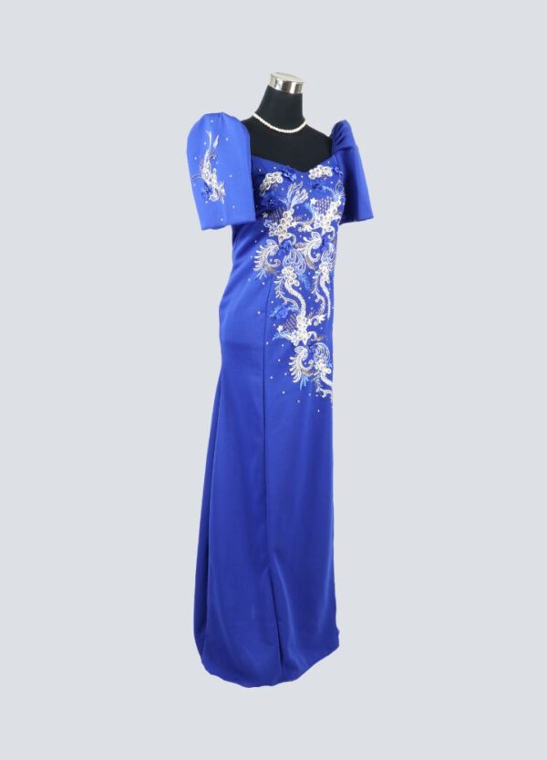 Filipiniana Mestiza Long Dress - Sampaguita - Royal Blue - Image 5