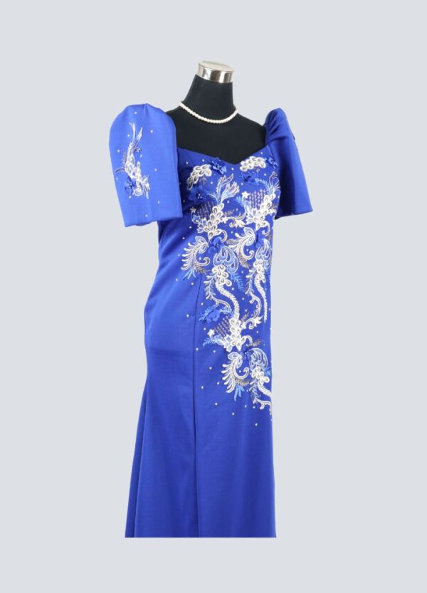 Filipiniana Mestiza Long Dress - Sampaguita - Royal Blue - Image 6