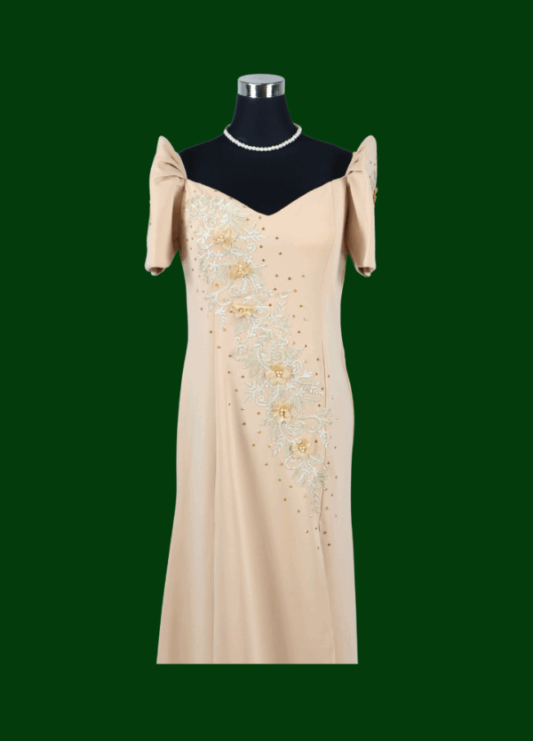 Filipiniana Mestiza Long Dress - Sampaguita - Sparkly Beige (Large) - Image 2