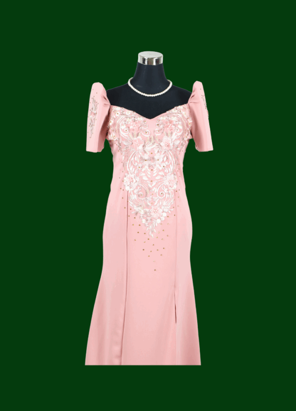 Filipiniana Mestiza Long Dress - Sampaguita - Old Rose (Small) - Image 2