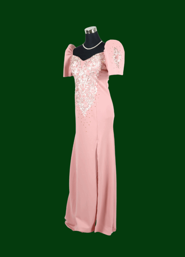 Filipiniana Mestiza Long Dress - Sampaguita - Old Rose (Small) - Image 3