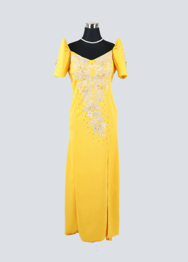 Filipiniana Mestiza Long Dress - Sampaguita - Yellow Gold (Medium)
