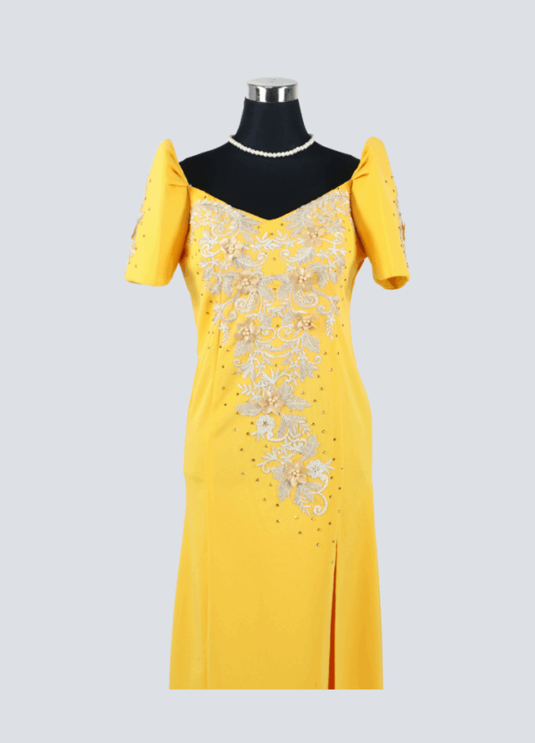 Filipiniana Mestiza Long Dress - Sampaguita - Yellow Gold (Medium) - Image 2