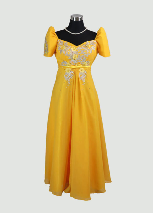 Filipiniana Mestiza Long Dress - Tulip (Gold Chiffon) Large