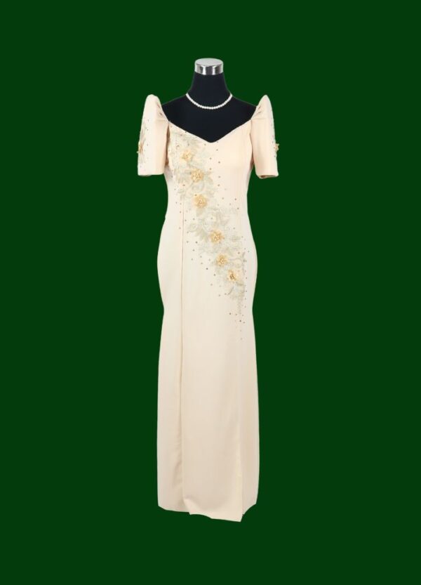 Filipiniana Mestiza Long Dress - Sampaguita - Beige (Small)