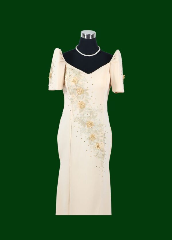 Filipiniana Mestiza Long Dress - Sampaguita - Beige (Small) - Image 3