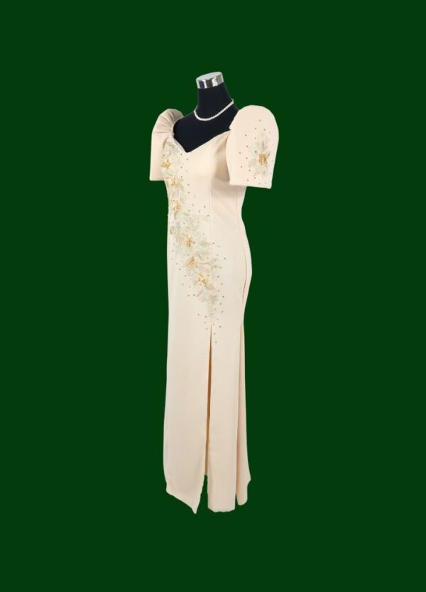 Filipiniana Mestiza Long Dress - Sampaguita - Beige (Small) - Image 4
