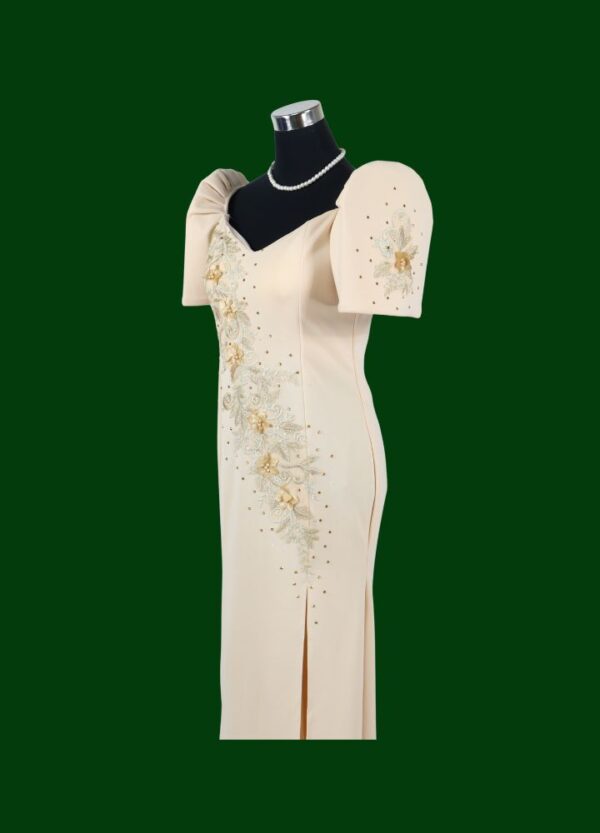 Filipiniana Mestiza Long Dress - Sampaguita - Beige (Small) - Image 5