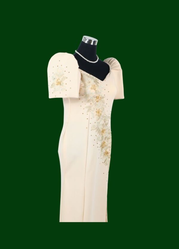Filipiniana Mestiza Long Dress - Sampaguita - Beige (Small) - Image 7