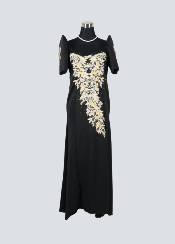 Filipiniana Mestiza Long Dress - Sampaguita - Black with Gold Lace (Medium)