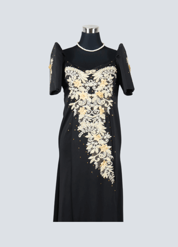 Filipiniana Mestiza Long Dress - Sampaguita - Black with Gold Lace (Medium) - Image 2