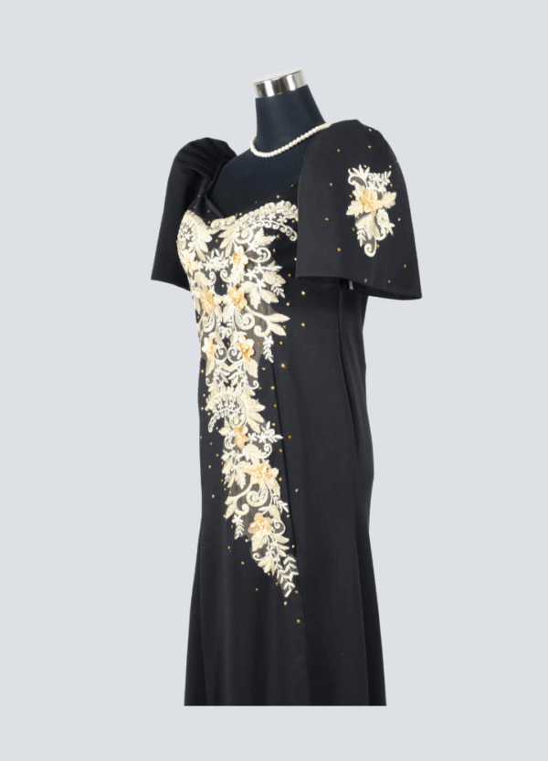 Filipiniana Mestiza Long Dress - Sampaguita - Black with Gold Lace (Medium) - Image 4