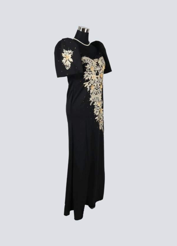 Filipiniana Mestiza Long Dress - Sampaguita - Black with Gold Lace (Medium) - Image 5