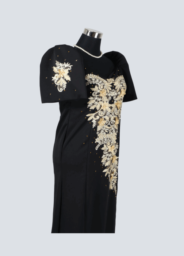 Filipiniana Mestiza Long Dress - Sampaguita - Black with Gold Lace (Medium) - Image 6